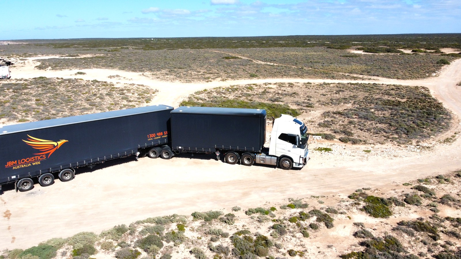 A JBM Logistics B-double parked on the cliffs above the Great Australian Bight